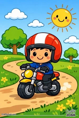 Happy young child riding a chunky motorcycle along a gentle park path with trees, clouds, and a smiling sun.