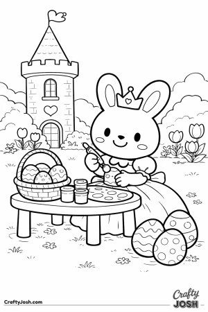 A princess bunny wearing a crown decorates Easter eggs at a small round table beside a castle tower, with a basket of eggs, paint jars, flowers, and ..