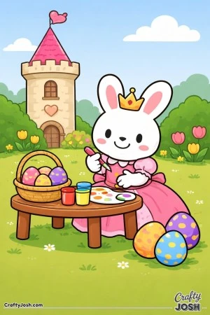 A princess bunny wearing a crown decorates Easter eggs at a small round table beside a castle tower, with a basket of eggs, paint jars, flowers, and ..