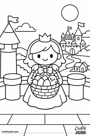 A smiling princess stands on a castle balcony holding an Easter basket filled with decorated eggs and a small chick, with castle towers, a river, and ..
