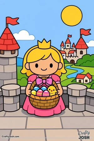 A smiling princess stands on a castle balcony holding an Easter basket filled with decorated eggs and a small chick, with castle towers, a river, and ..