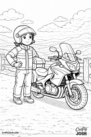 Proud rider standing beside a touring motorcycle at a scenic overlook, looking out over hills and open sky