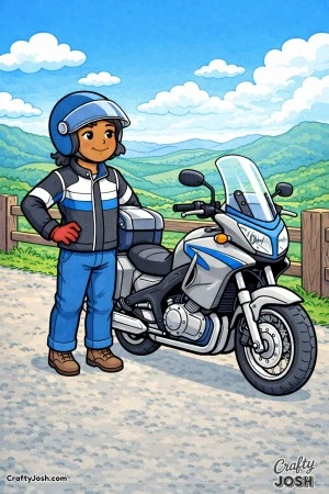 Proud rider standing beside a touring motorcycle at a scenic overlook, looking out over hills and open sky