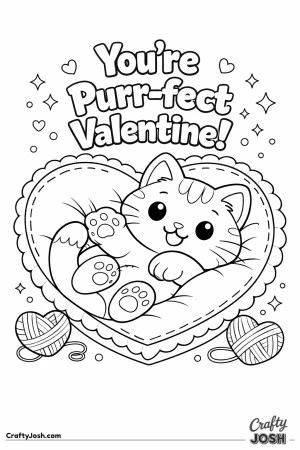 Celebrate Valentine’s Day with this adorable “You’re Purr-fect Valentine!” cat coloring page! Featuring a chubby kitty curled inside a ..