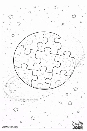 A moon made of interlocking puzzle pieces drifts through space, surrounded by stars and a playful trail of dots