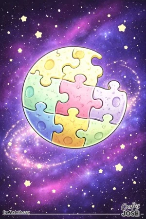 A moon made of interlocking puzzle pieces drifts through space, surrounded by stars and a playful trail of dots