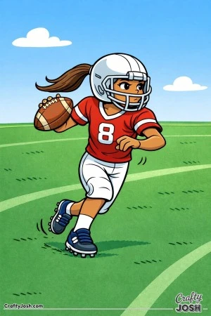 A young quarterback rolls to the right while preparing to throw the football and scanning downfield