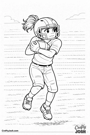 A young football player completes a catch and tucks the ball in tightly while lifting her eyes forward to continue the play