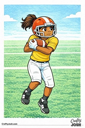 A young football player completes a catch and tucks the ball in tightly while lifting her eyes forward to continue the play