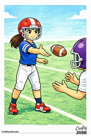 A young quarterback tosses a short pass toward the sideline as a teammate prepares to receive the ball with open hands