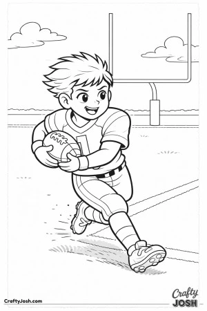 A young football player turns sharply toward the end zone while protecting the ball near the goal line