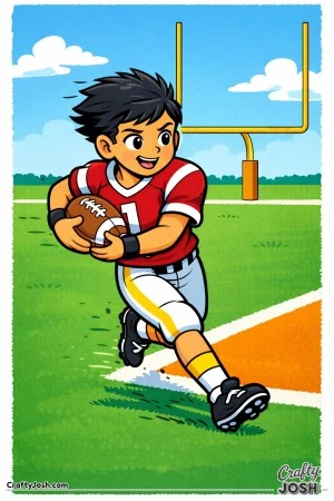 A young football player turns sharply toward the end zone while protecting the ball near the goal line