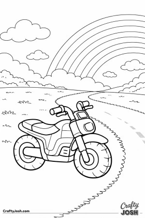 This coloring page shows a cheerful rainbow-themed motorcycle parked on a curving road beneath clouds and a big rainbow, designed with large shapes.