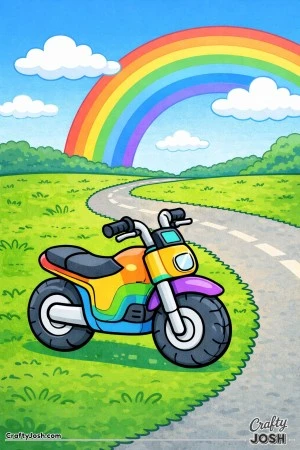 This coloring page shows a cheerful rainbow-themed motorcycle parked on a curving road beneath clouds and a big rainbow, designed with large shapes.