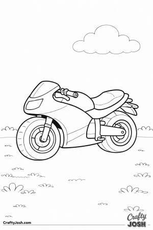 Chunky motorcycle with large shapes resting on flat ground with a single cloud above.