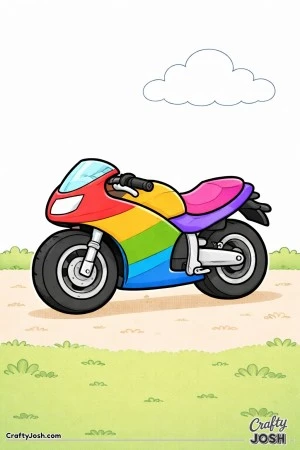 Chunky motorcycle with large shapes resting on flat ground with a single cloud above.