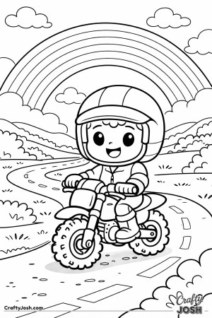Chibi-style boy rides a small motorcycle along a gently winding road beneath a big rainbow.