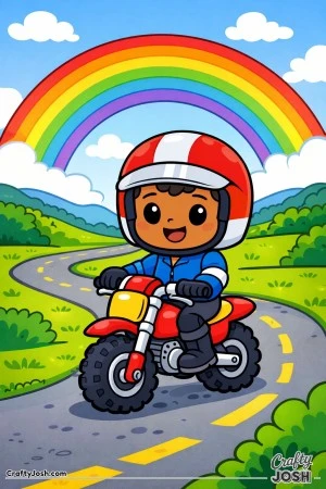 Chibi-style boy rides a small motorcycle along a gently winding road beneath a big rainbow.