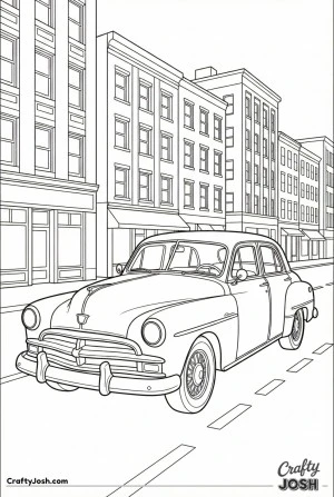 Retro car in city coloring page