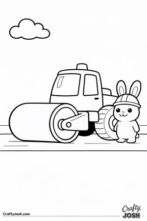 This simple road roller features a large front drum and rounded shapes with a bunny helper wearing a safety helmet designed for toddlers ages 2–4