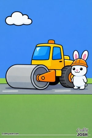 This simple road roller features a large front drum and rounded shapes with a bunny helper wearing a safety helmet designed for toddlers ages 2–4