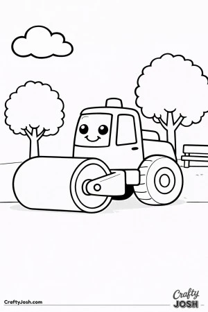 This simple road roller features a very large front drum and rounded shapes set in a calm park scene designed for toddlers ages 2–4