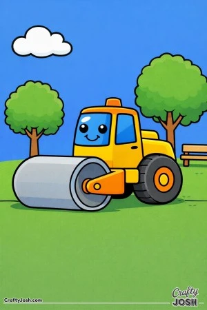 This simple road roller features a very large front drum and rounded shapes set in a calm park scene designed for toddlers ages 2–4