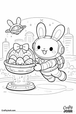 A smiling robot bunny in a space suit floats while delivering a futuristic Easter basket filled with decorated eggs, with a small flying drone and ..