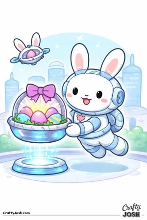 A smiling robot bunny in a space suit floats while delivering a futuristic Easter basket filled with decorated eggs, with a small flying drone and ..