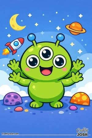 This image shows a cute, round alien with three big eyes and a happy smile, waving hello with all four arms while standing in a fun outer space scene ..