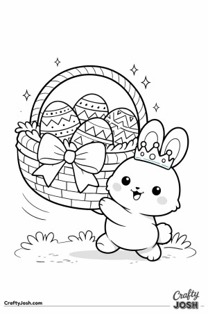 A tiny crowned bunny carries a large Easter basket filled with patterned eggs, with a big bow on the basket and small sparkles around them