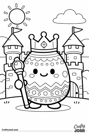 A smiling Easter egg wearing a crown holds a staff in front of a simple castle with a sun and a cloud