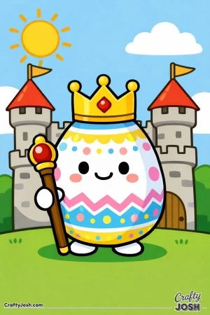 A smiling Easter egg wearing a crown holds a staff in front of a simple castle with a sun and a cloud
