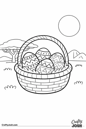 A large Easter basket filled with patterned eggs sits in a simple savanna scene with a tree, sun, and distant mountains