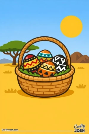 A large Easter basket filled with patterned eggs sits in a simple savanna scene with a tree, sun, and distant mountains