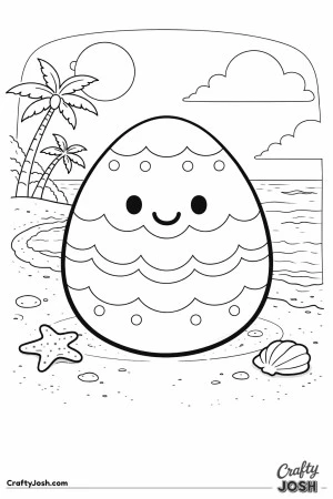 A smiling egg with scalloped stripes sits on a beach with palm trees, ocean waves, a sun, clouds, a starfish, and a seashell