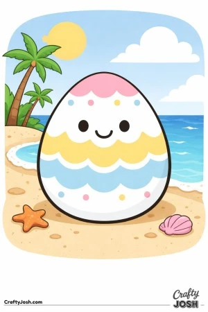 A smiling egg with scalloped stripes sits on a beach with palm trees, ocean waves, a sun, clouds, a starfish, and a seashell
