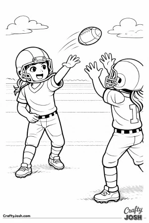 A young quarterback throws a short forward pass to a teammate with outstretched hands as the ball travels through the air between them