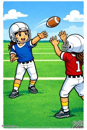 A young quarterback throws a short forward pass to a teammate with outstretched hands as the ball travels through the air between them