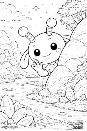A shy alien peeks out from behind a rock and gives a small friendly wave while smiling softly.