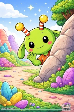 A shy alien peeks out from behind a rock and gives a small friendly wave while smiling softly.