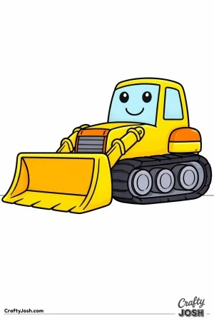 This bulldozer coloring page features a large side-view construction vehicle with a wide front blade and simple track base