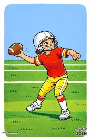 A young quarterback releases a sidearm pass, rotating her shoulders while keeping her eyes focused on the target ahead