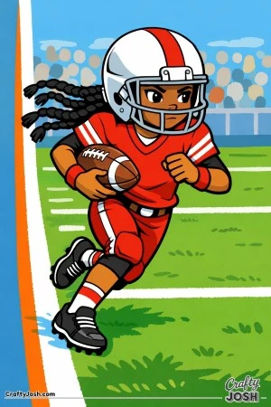 A youth football player sprints along the sideline while holding the ball securely, showing focus and speed during the play