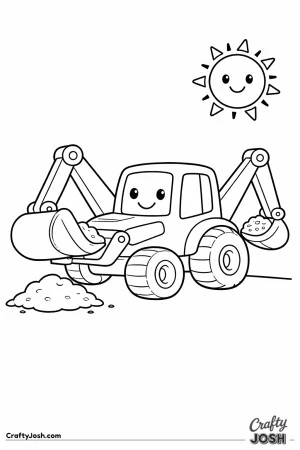 This simple backhoe loader coloring page features a friendly construction vehicle with a front bucket and rear digging arm, designed especially for ..