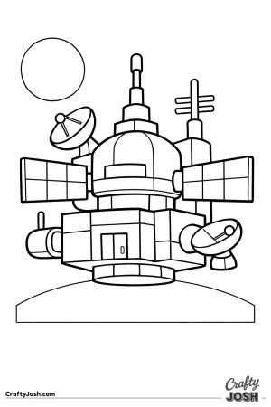 A blocky space station with large solar panels, antennas, satellite dishes, and a round dome sits on a curved surface under a big circle in the sky