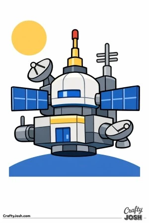 A blocky space station with large solar panels, antennas, satellite dishes, and a round dome sits on a curved surface under a big circle in the sky