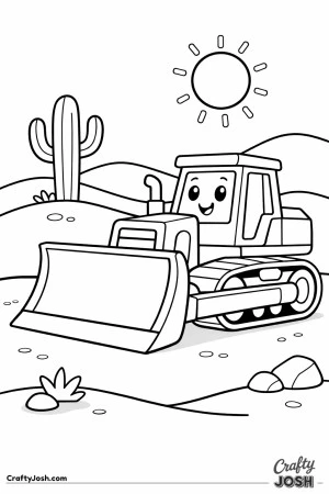 This simple bulldozer coloring page features a large construction vehicle driving across rolling desert sand dunes with a cactus and bright sun in ..