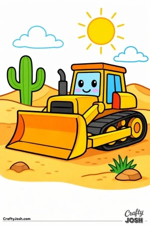 This simple bulldozer coloring page features a large construction vehicle driving across rolling desert sand dunes with a cactus and bright sun in ..