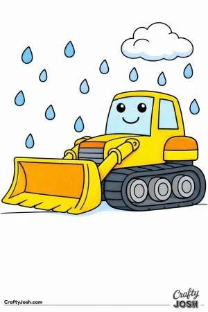 This bulldozer coloring page features a large construction vehicle with a wide blade driving in rainy weather under a simple cloud